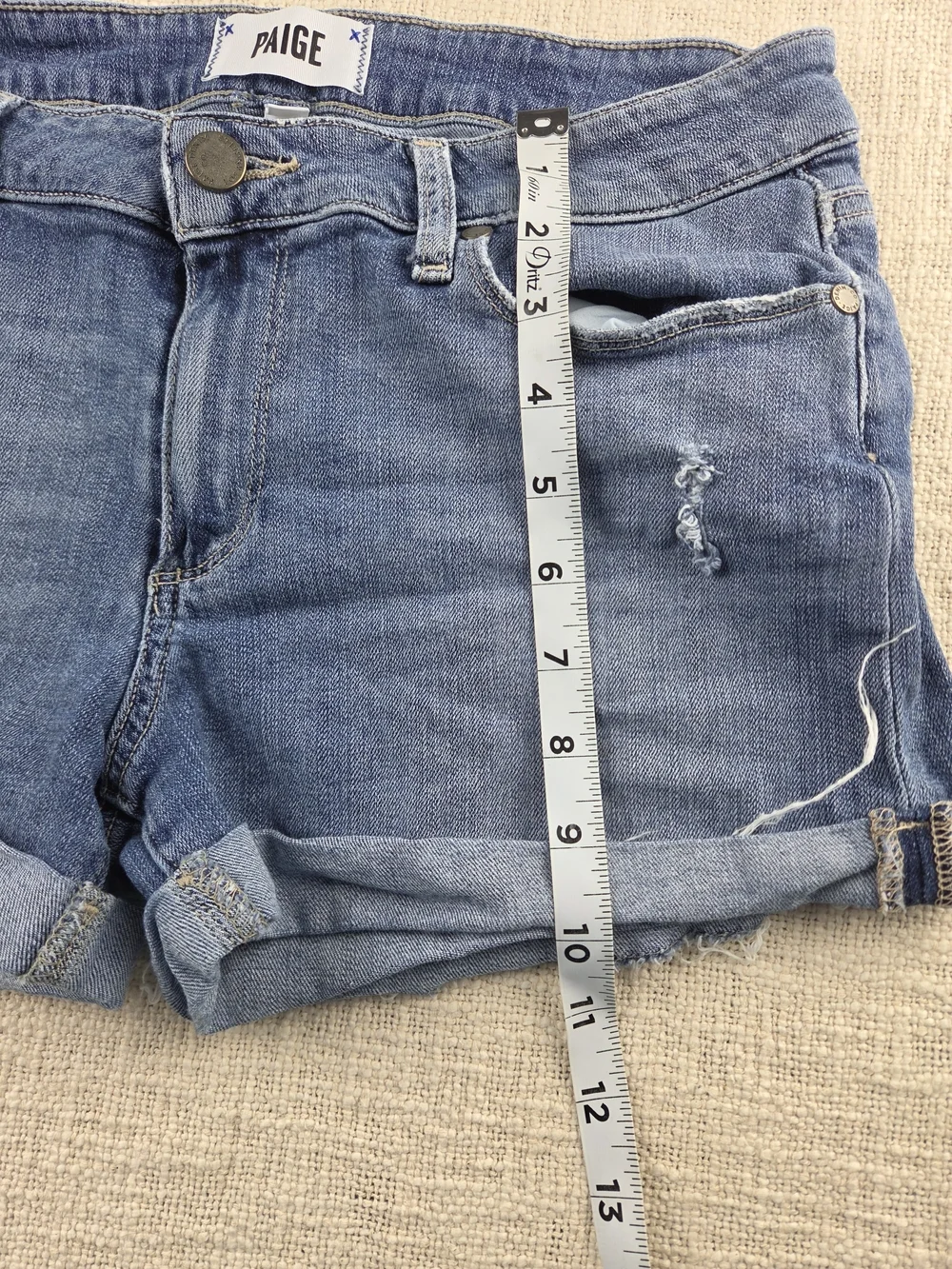 PAIGE Blue Distressed Cuffed Denim Shorts